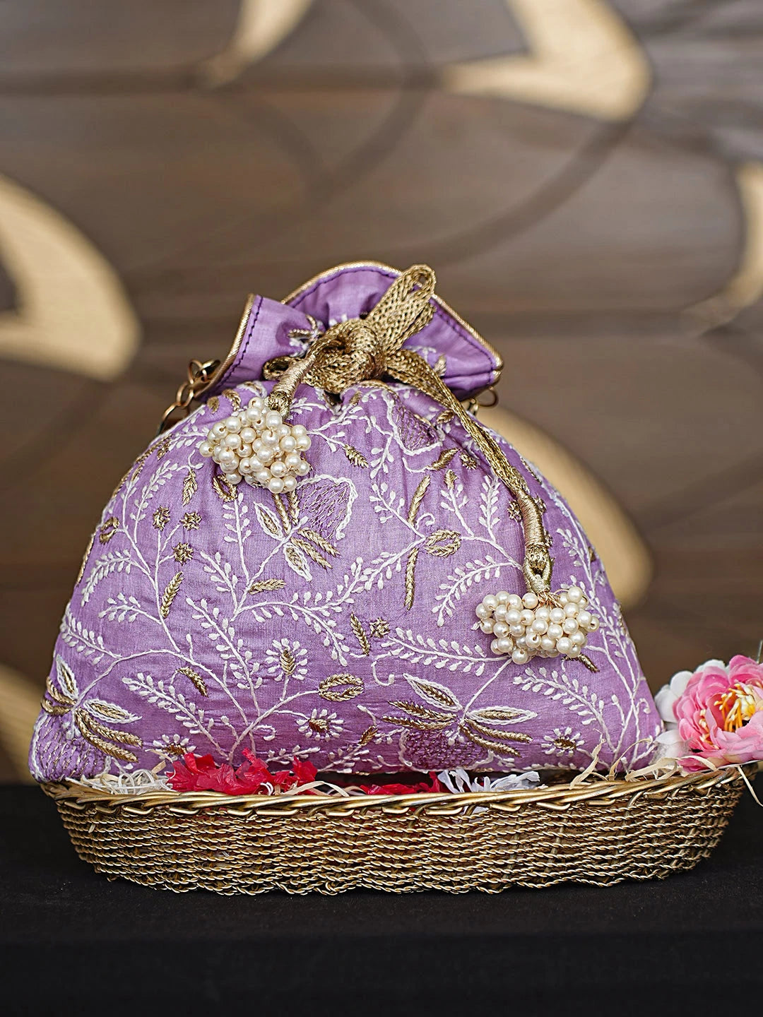 Ada Hand Embroidered Mauve Silk Lucknowi Chikankari Potli Bag With Zari Work 01A921461