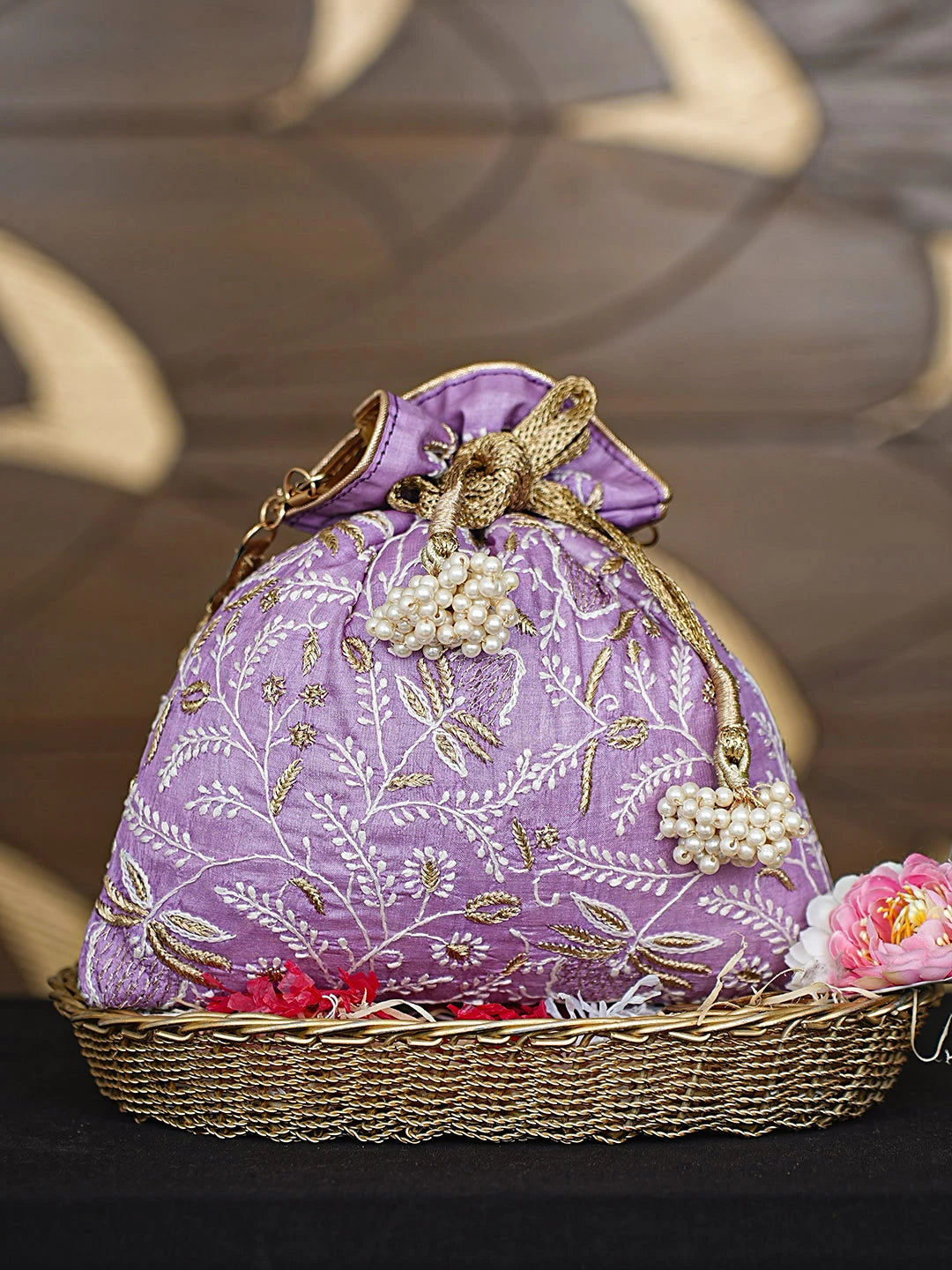 Ada Hand Embroidered Mauve Silk Lucknowi Chikankari Potli Bag With Zari Work 01A921461