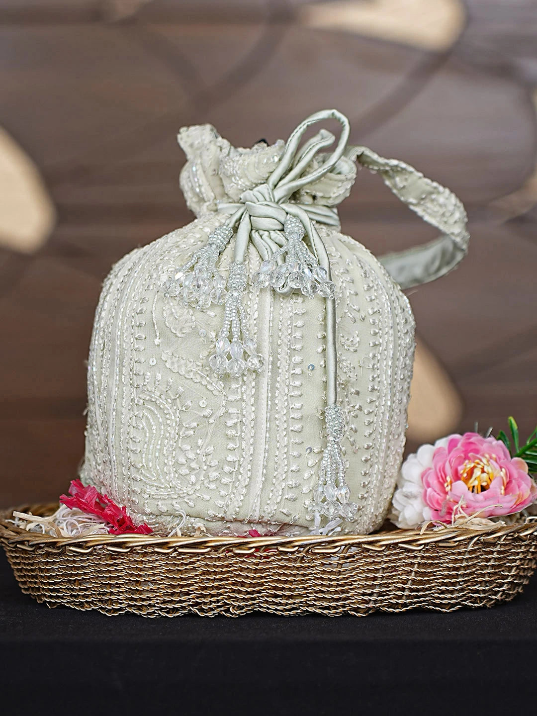 Ada Hand Embroidered Tea Green Viscose Georgette Lucknowi Chikankari Potli Bag With Cutdana Work 01A922780