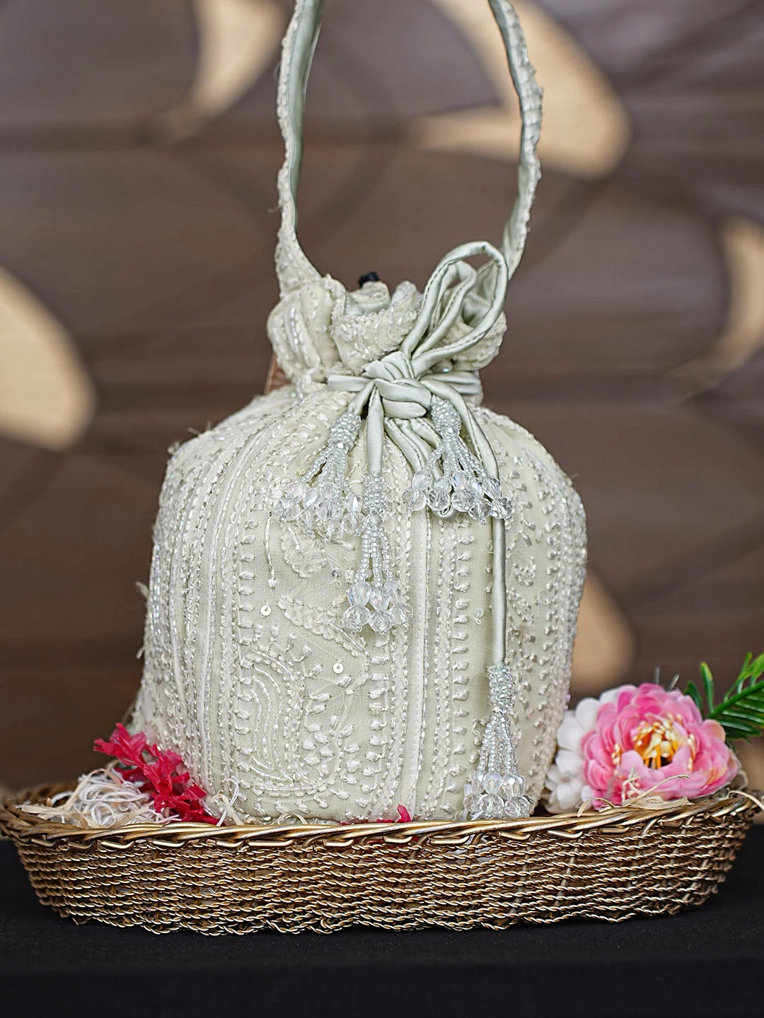 Ada Hand Embroidered Tea Green Viscose Georgette Lucknowi Chikankari Potli Bag With Cutdana Work 01A922780