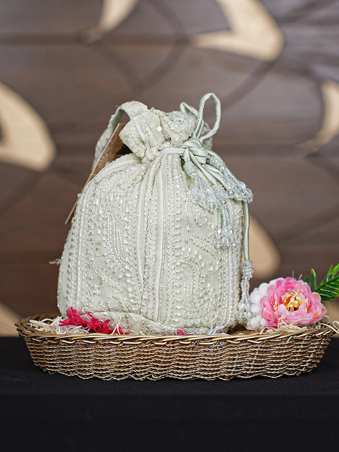 Ada Hand Embroidered Tea Green Viscose Georgette Lucknowi Chikankari Potli Bag With Cutdana Work 01A922780