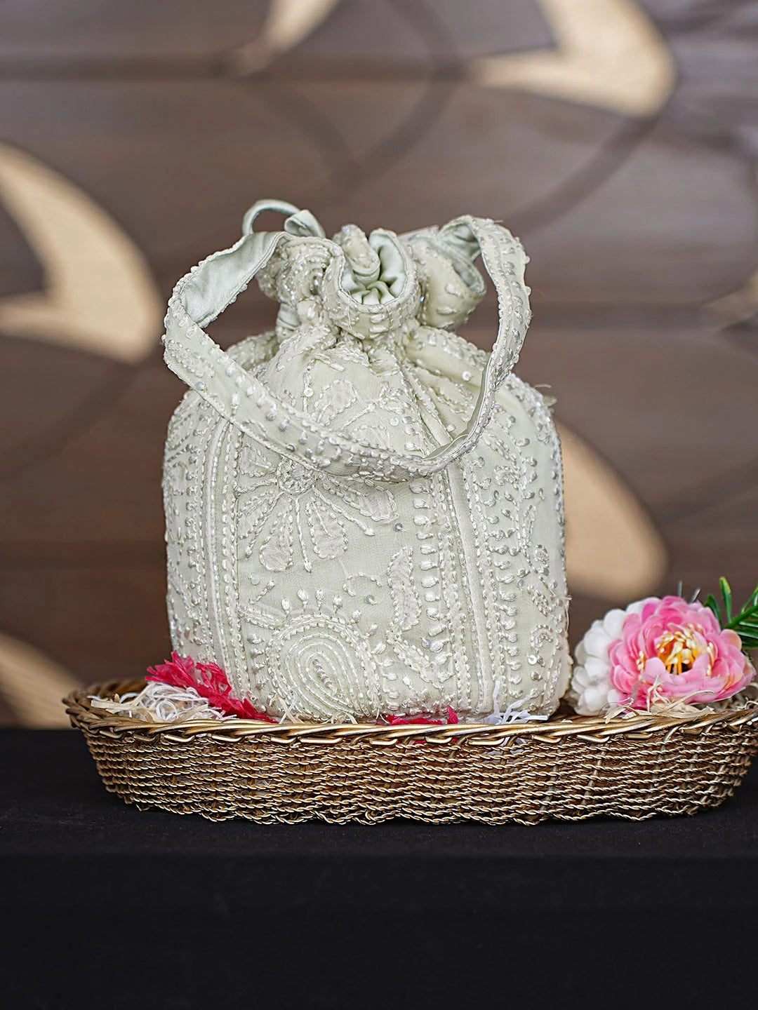 Ada Hand Embroidered Tea Green Viscose Georgette Lucknowi Chikankari Potli Bag With Cutdana Work 01A922780