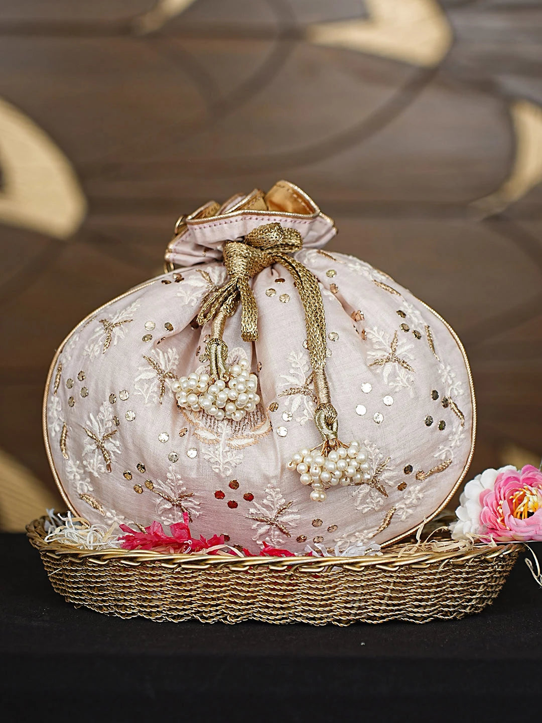 Ada Hand Embroidered Heather Peach Silk Lucknowi Chikankari Potli Bag With Zari Work 01A908863
