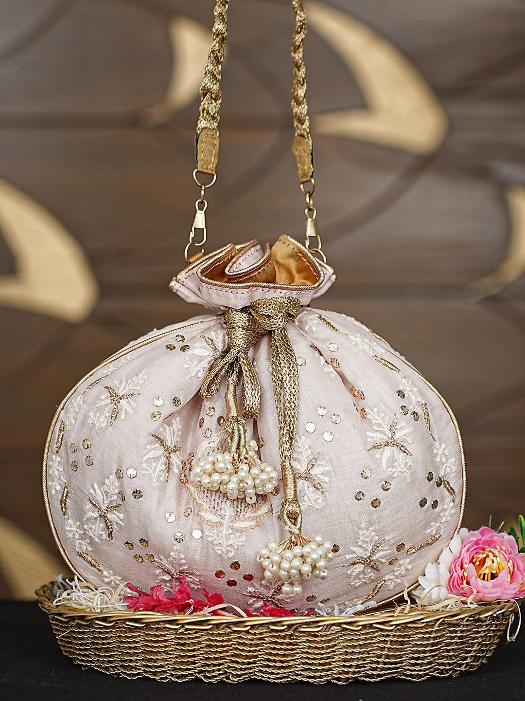 Ada Hand Embroidered Heather Peach Silk Lucknowi Chikankari Potli Bag With Zari Work 01A908863