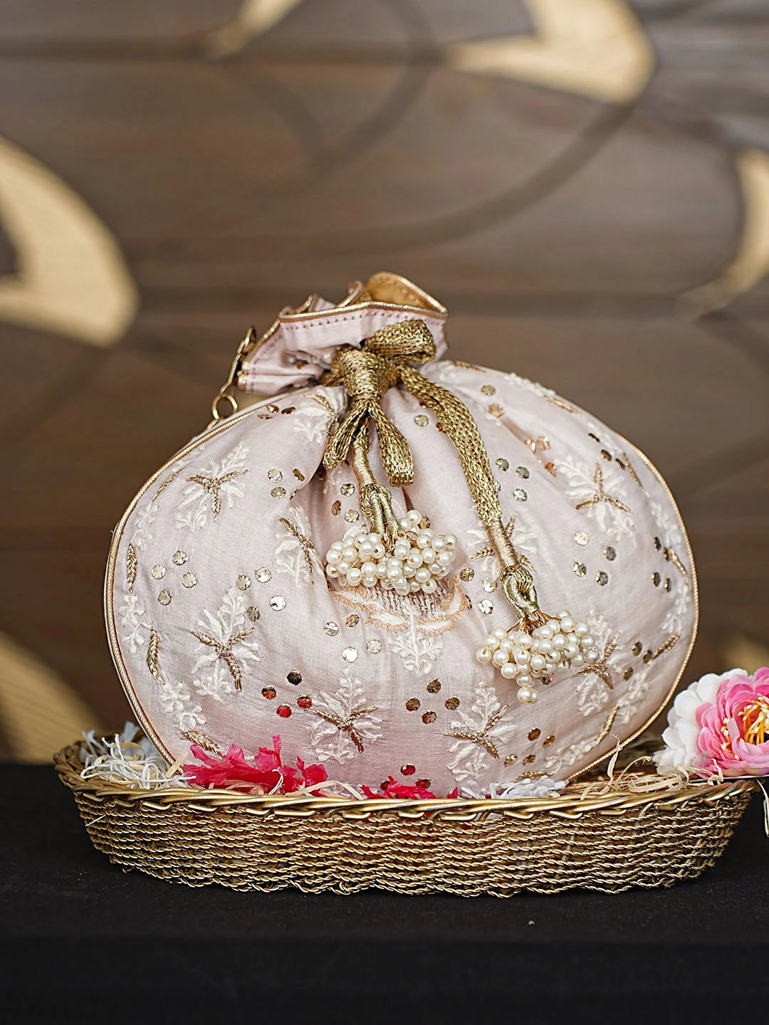 Ada Hand Embroidered Heather Peach Silk Lucknowi Chikankari Potli Bag With Zari Work 01A908863