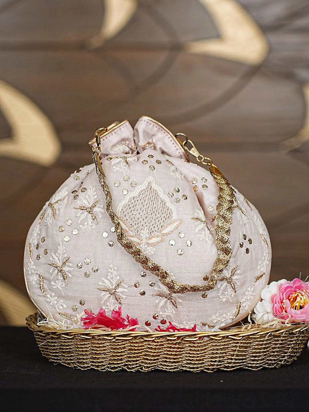 Ada Hand Embroidered Heather Peach Silk Lucknowi Chikankari Potli Bag With Zari Work 01A908863