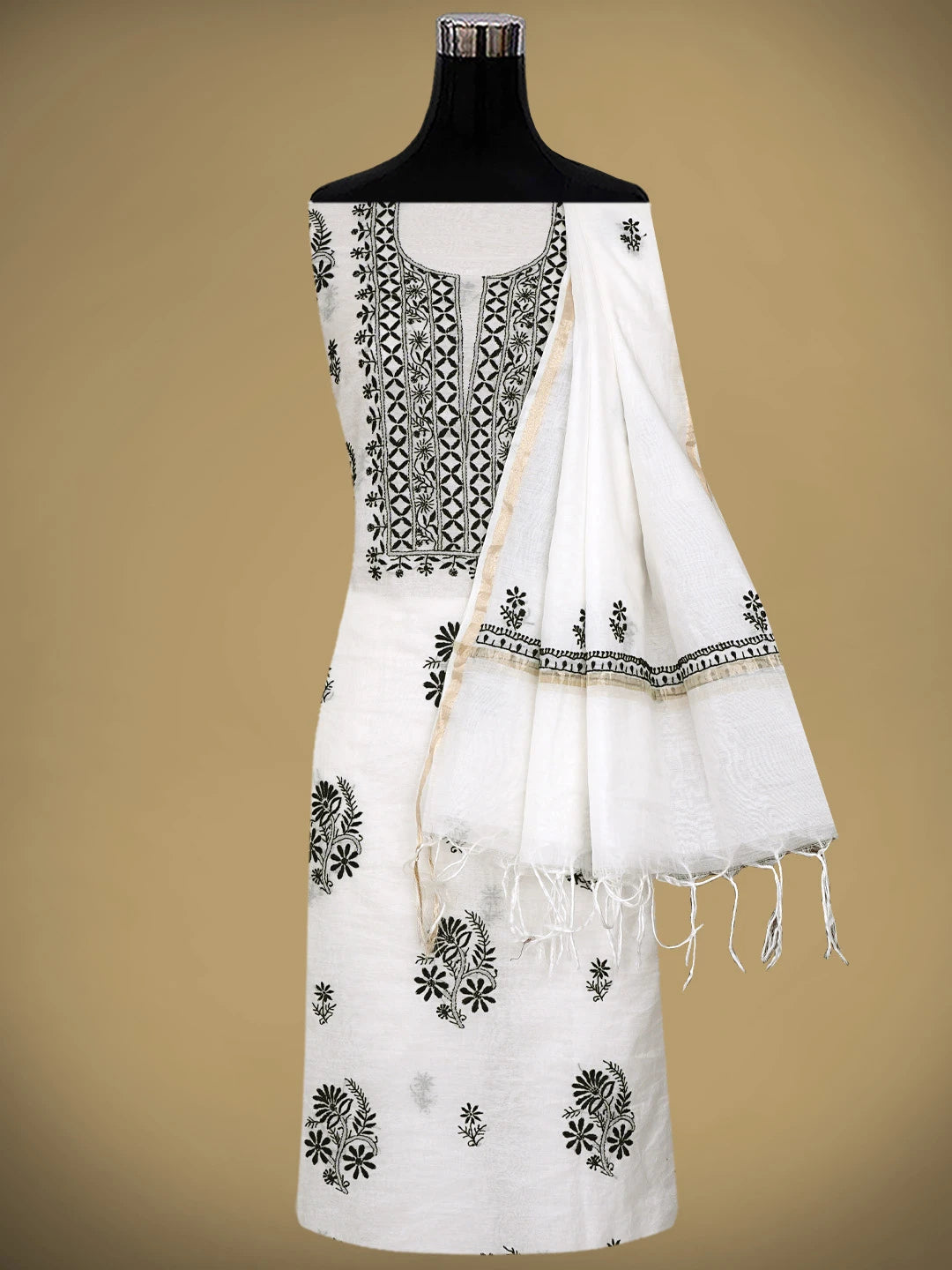 Ada Hand Embroidered White Chanderi Lucknowi Chikankari Unstitched Kurta Dupatta Set 01A883123