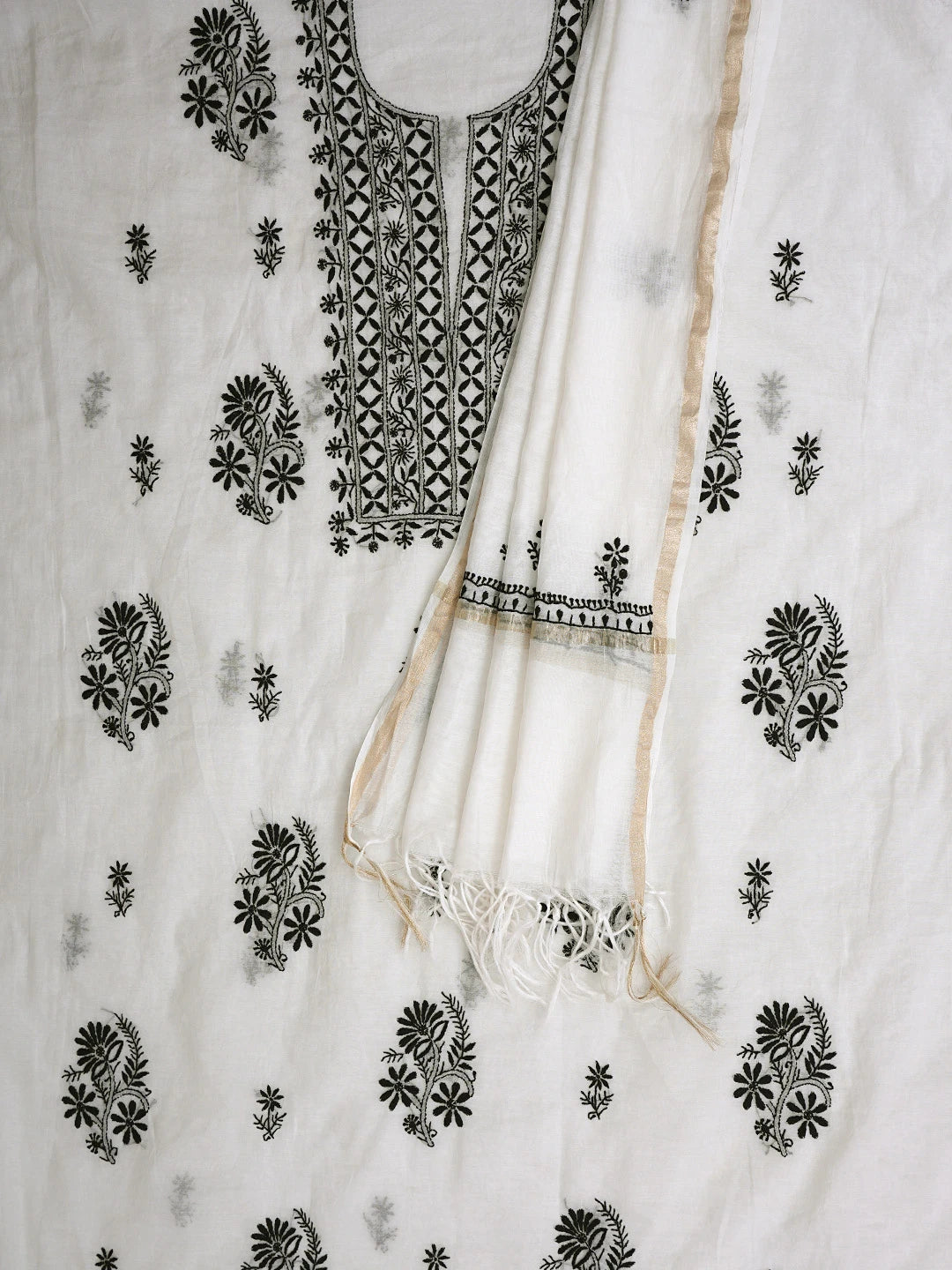 Ada Hand Embroidered White Chanderi Lucknowi Chikankari Unstitched Kurta Dupatta Set 01A883123