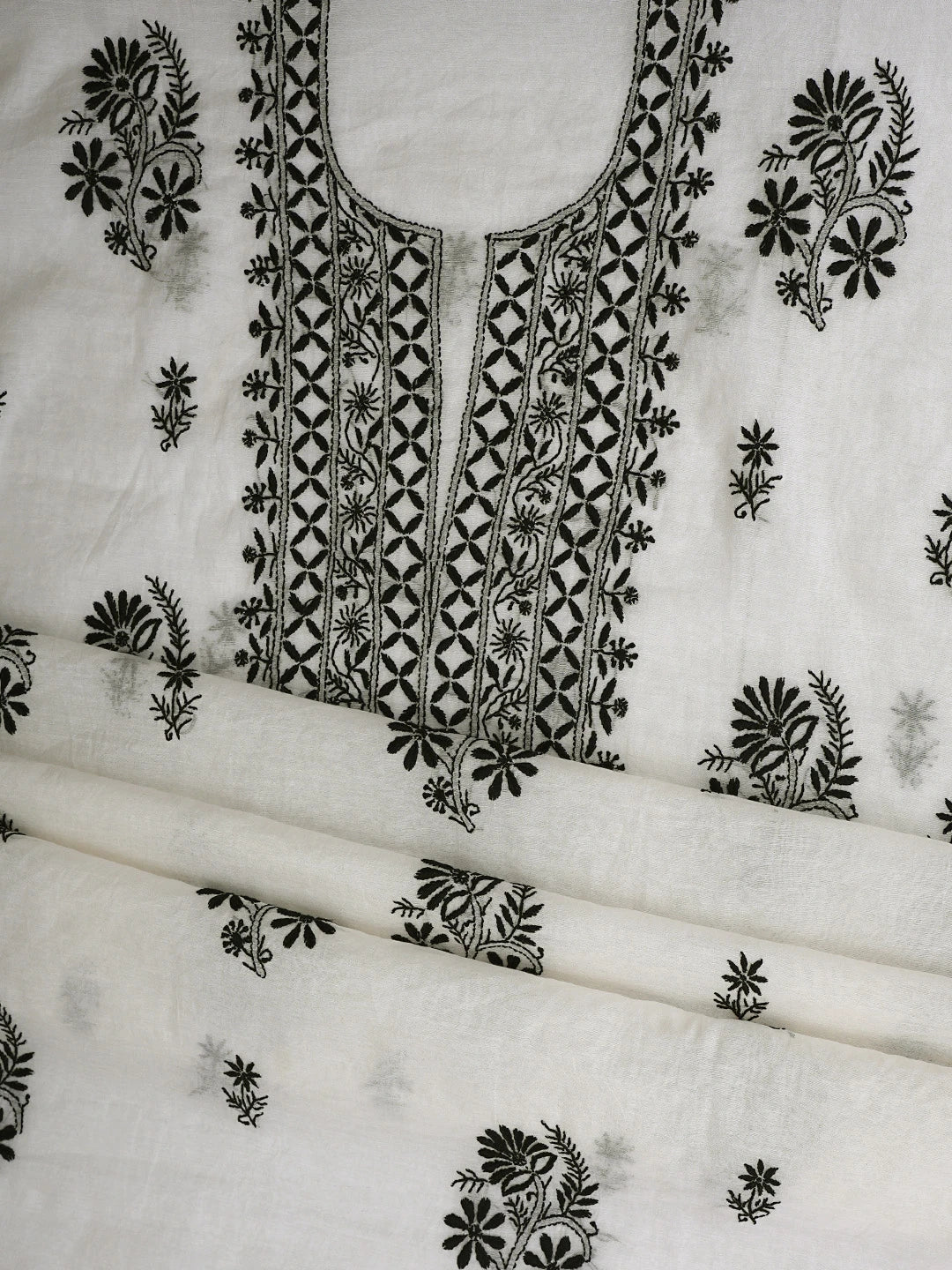 Ada Hand Embroidered White Chanderi Lucknowi Chikankari Unstitched Kurta Dupatta Set 01A883123
