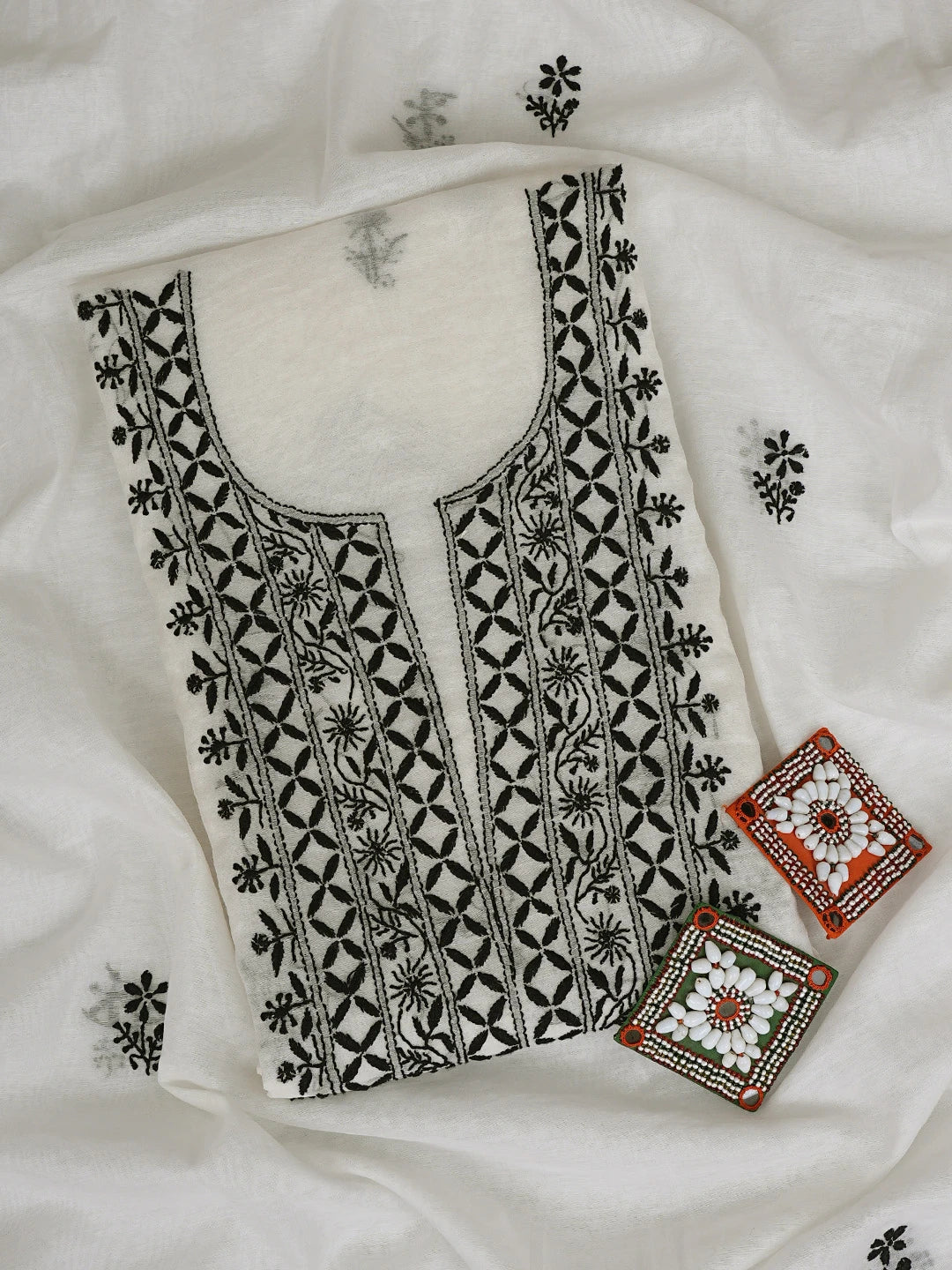 Ada Hand Embroidered White Chanderi Lucknowi Chikankari Unstitched Kurta Dupatta Set 01A883123