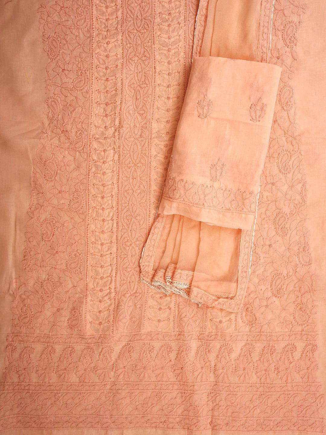 Ada Hand Embroidered Creamy Peach Cotton Lucknowi Chikankari Unstitched Suit Piece 01A900220