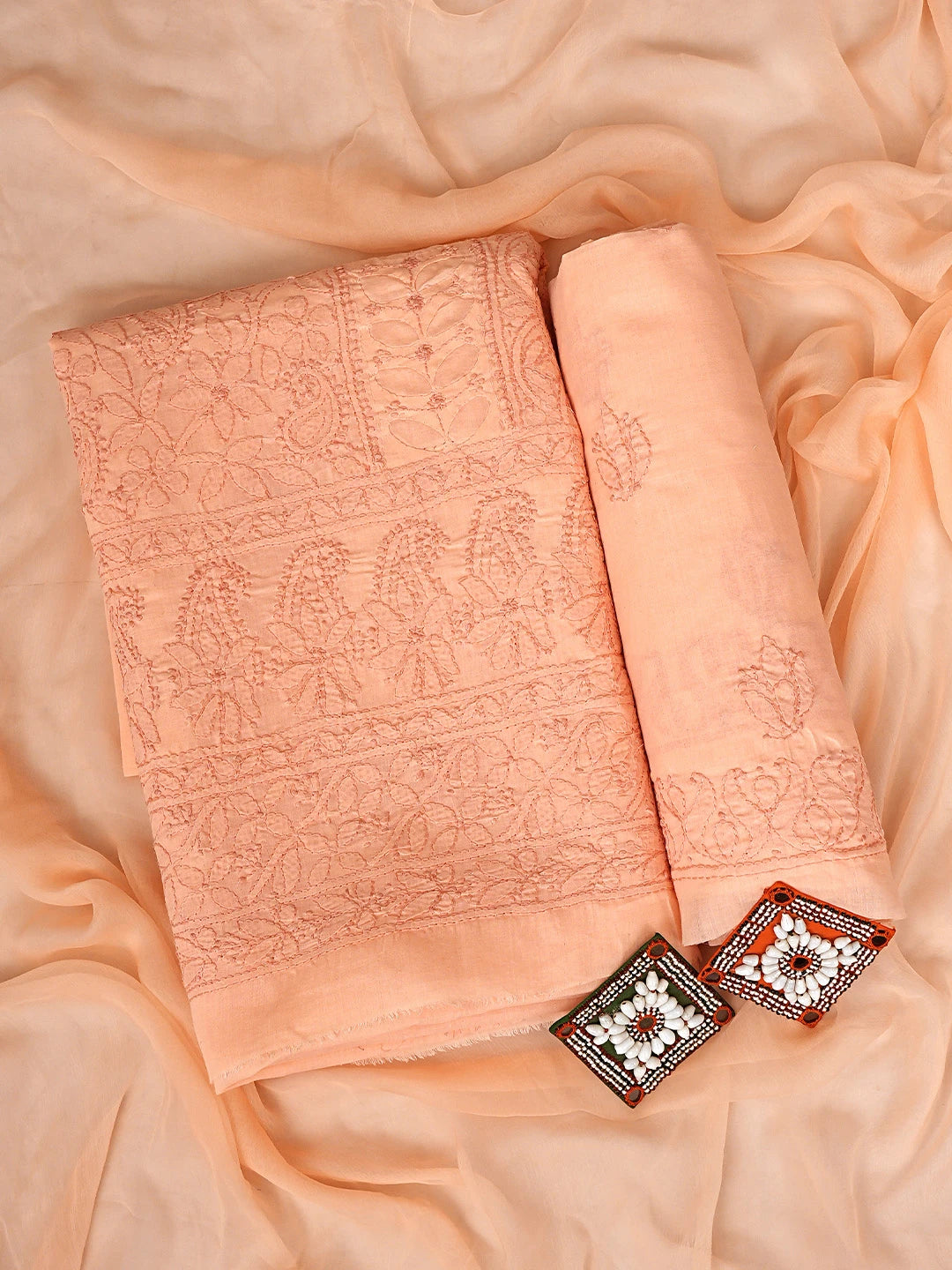 Ada Hand Embroidered Creamy Peach Cotton Lucknowi Chikankari Unstitched Suit Piece 01A900220