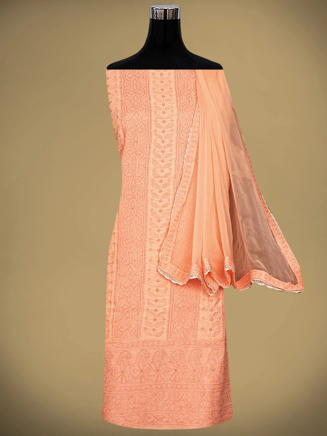 Ada Hand Embroidered Creamy Peach Cotton Lucknowi Chikankari Unstitched Suit Piece 01A900220