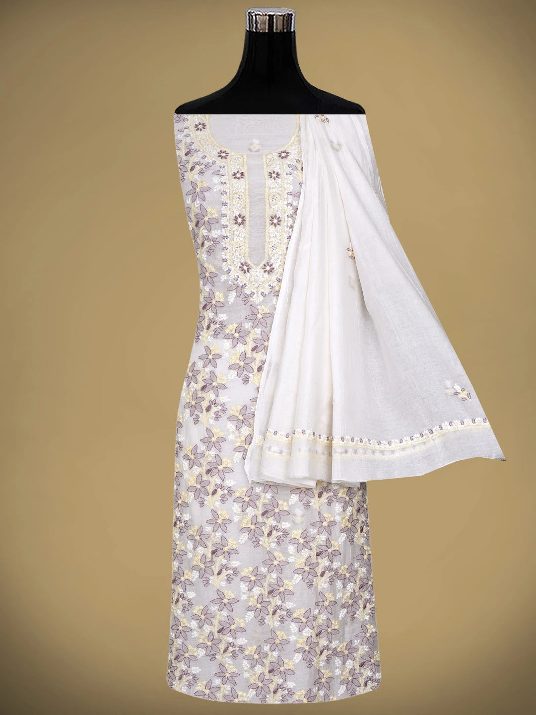 Ada Hand Embroidered White Chanderi Lucknowi Chikankari Unstitched Kurta Dupatta Set 01A903880