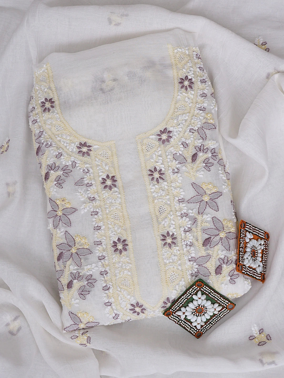 Ada Hand Embroidered White Chanderi Lucknowi Chikankari Unstitched Kurta Dupatta Set 01A903880