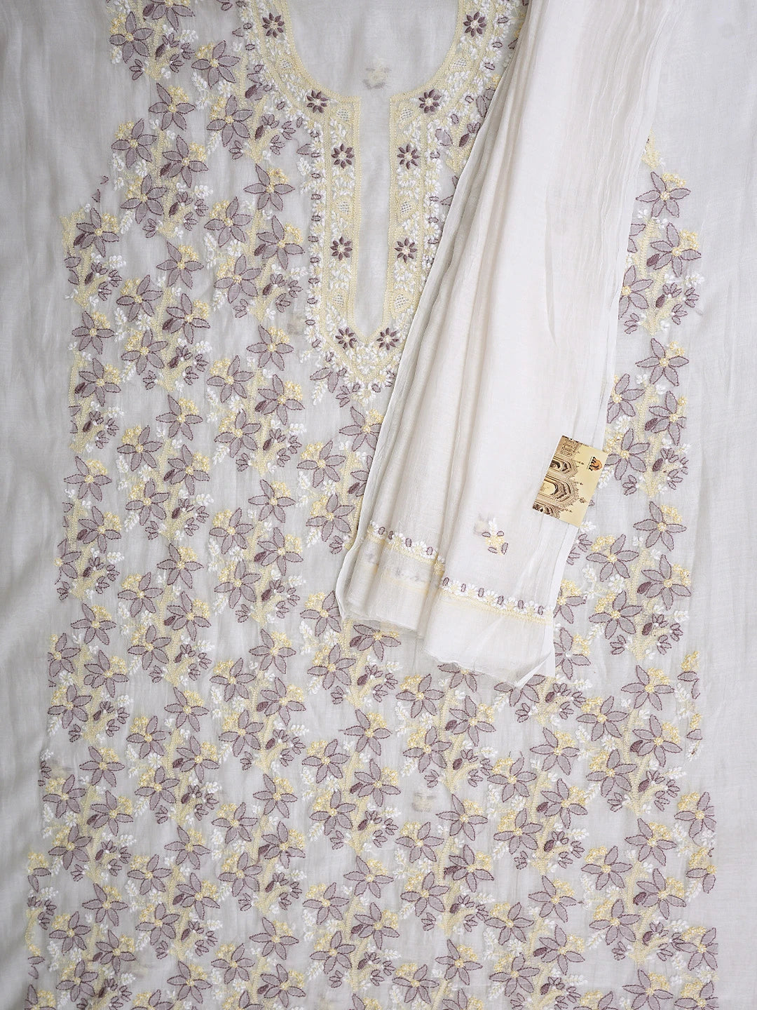 Ada Hand Embroidered White Chanderi Lucknowi Chikankari Unstitched Kurta Dupatta Set 01A903880