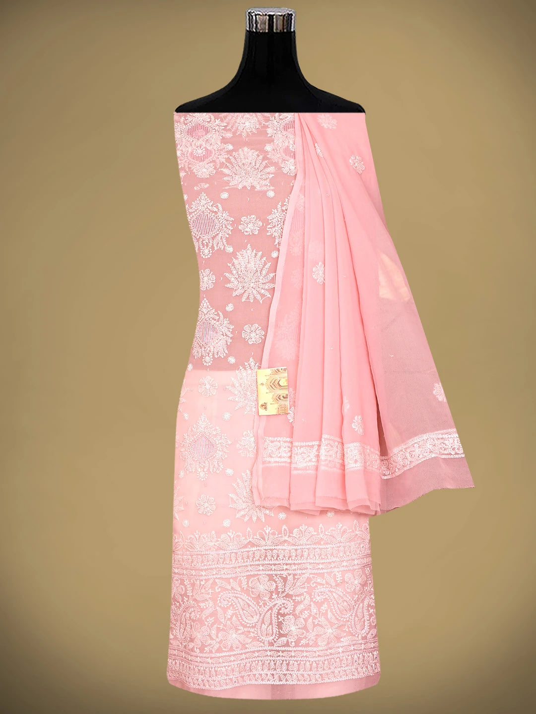 Ada Hand Embroidered Peach Georgette Lucknowi Chikankari Unstitched Suit Piece With Pearl Work  01A919732