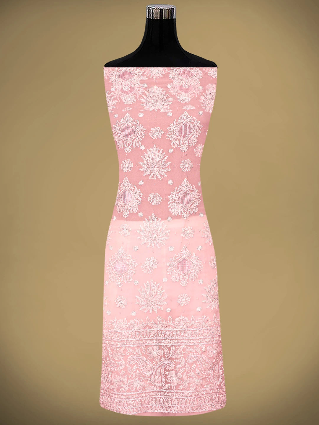 Ada Hand Embroidered Peach Georgette Lucknowi Chikankari Unstitched Suit Piece With Pearl Work  01A919732