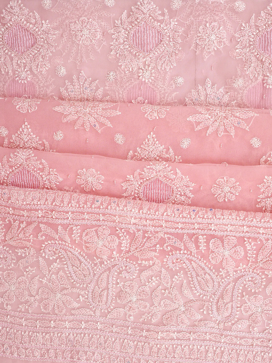 Ada Hand Embroidered Peach Georgette Lucknowi Chikankari Unstitched Suit Piece With Pearl Work  01A919732