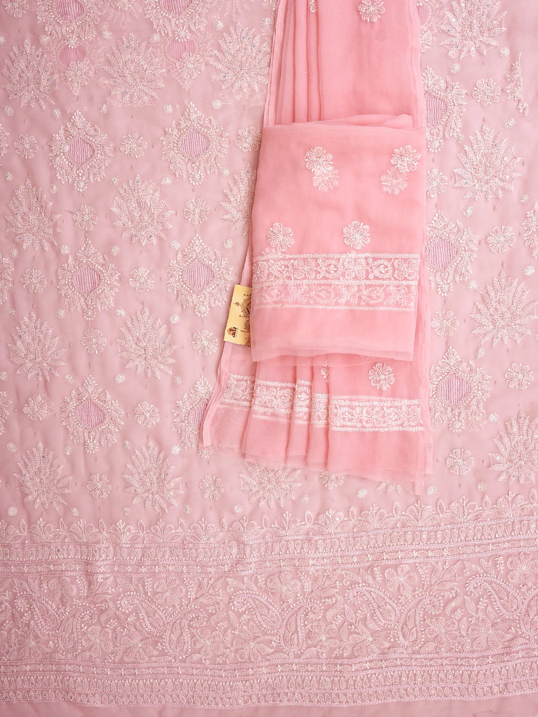 Ada Hand Embroidered Peach Georgette Lucknowi Chikankari Unstitched Suit Piece With Pearl Work  01A919732