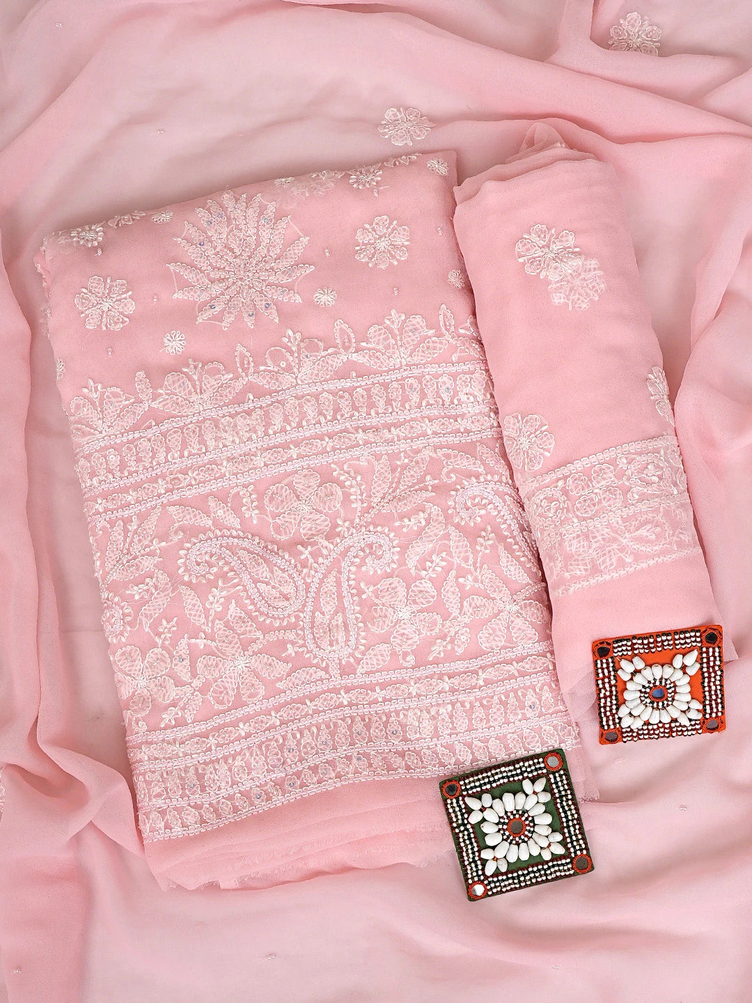 Ada Hand Embroidered Peach Georgette Lucknowi Chikankari Unstitched Suit Piece With Pearl Work  01A919732