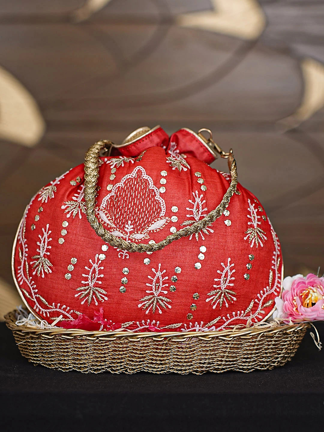 Ada Hand Embroidered Red Silk Lucknowi Chikankari Potli Bag With Zari Work 01A921453