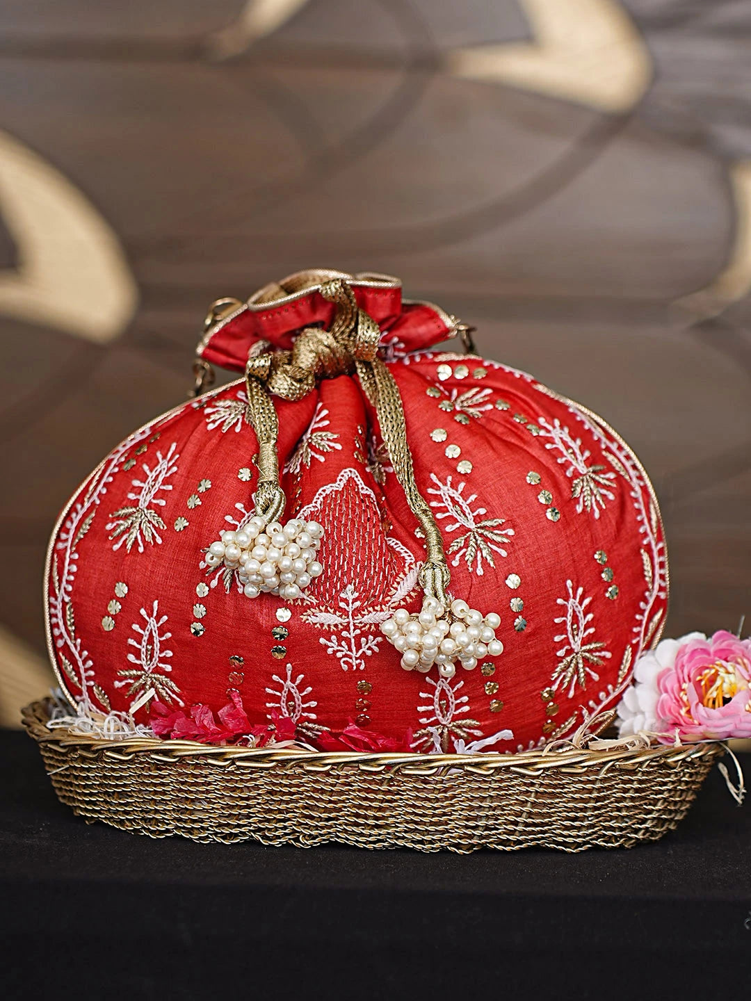 Ada Hand Embroidered Red Silk Lucknowi Chikankari Potli Bag With Zari Work 01A921453