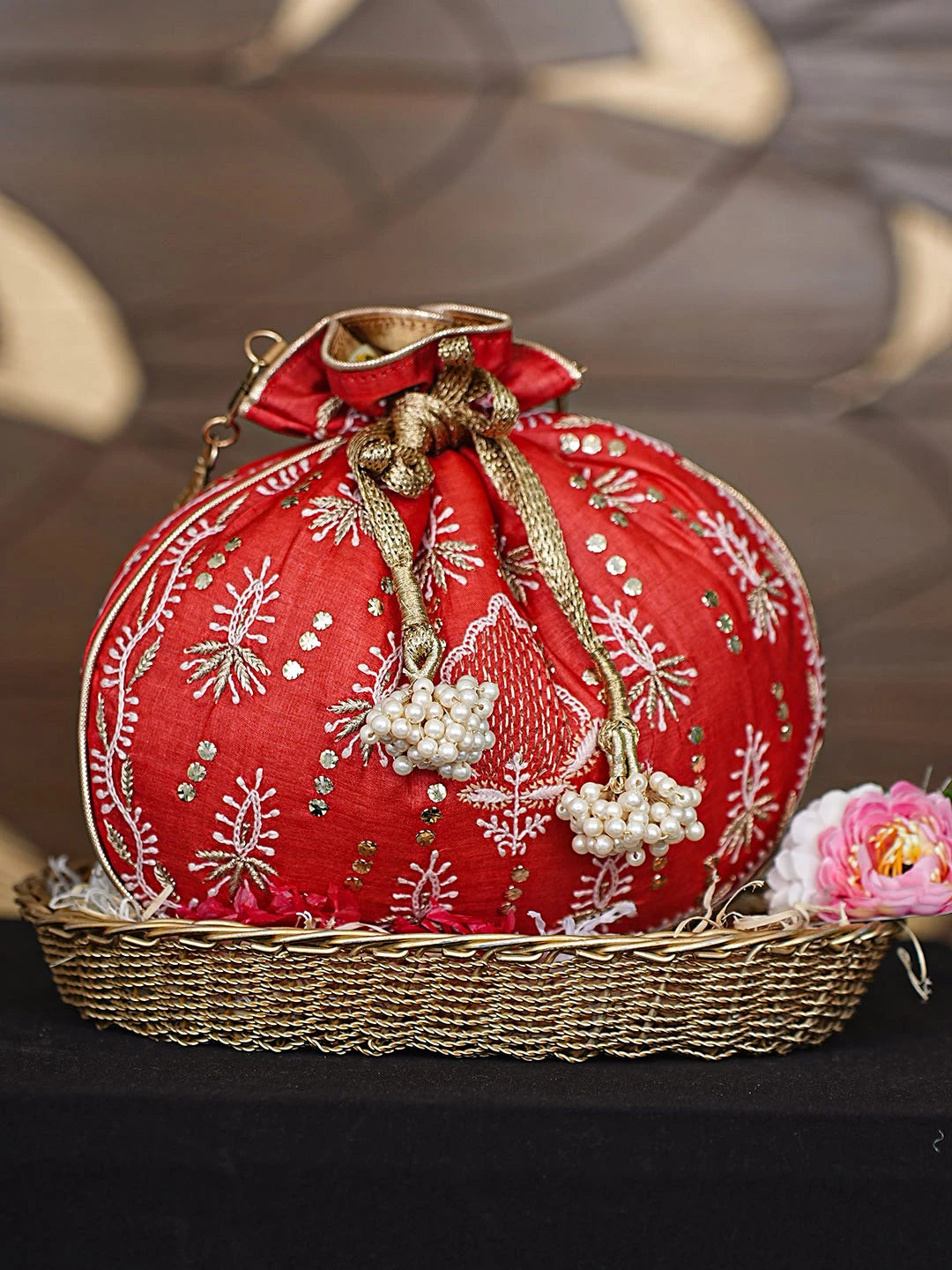 Ada Hand Embroidered Red Silk Lucknowi Chikankari Potli Bag With Zari Work 01A921453