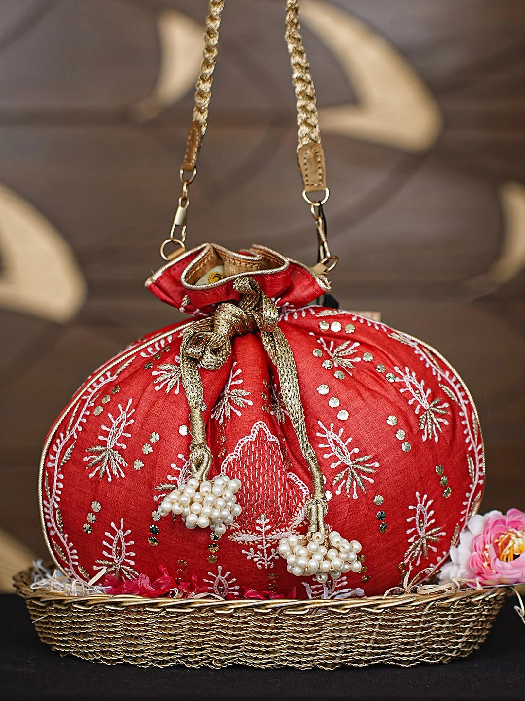 Ada Hand Embroidered Red Silk Lucknowi Chikankari Potli Bag With Zari Work 01A921453