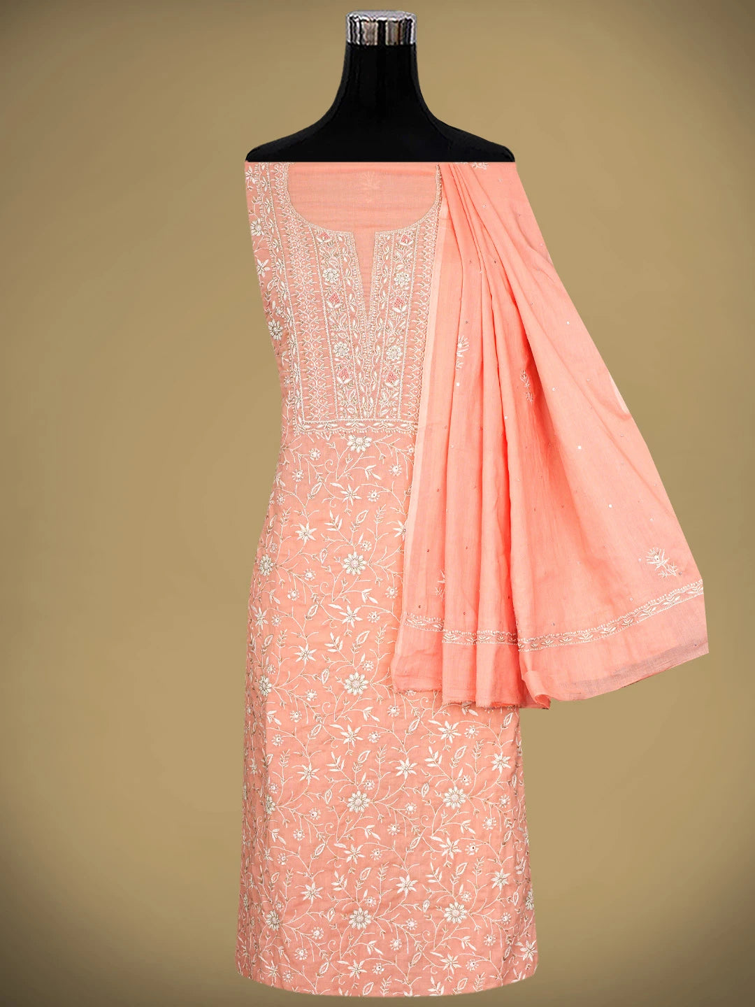 Ada Hand Embroidered Peach Cotton Lucknowi Chikankari Unstitched Kurta Dupatta Set With Cutdana Work 01A353264