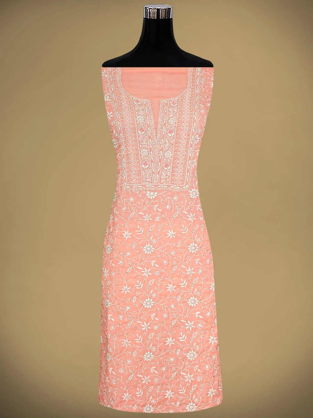 Ada Hand Embroidered Peach Cotton Lucknowi Chikankari Unstitched Kurta Dupatta Set With Cutdana Work 01A353264