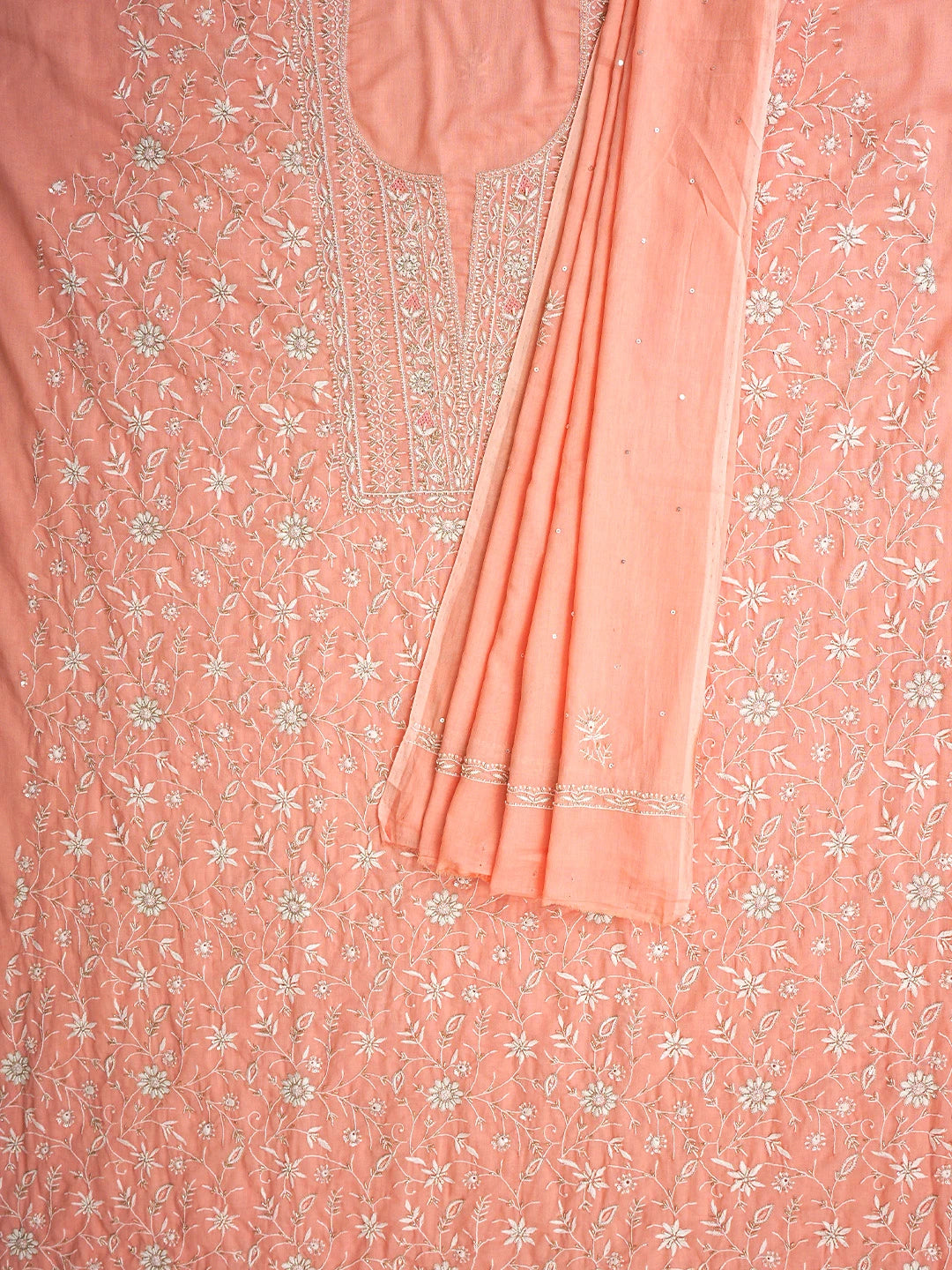 Ada Hand Embroidered Peach Cotton Lucknowi Chikankari Unstitched Kurta Dupatta Set With Cutdana Work 01A353264