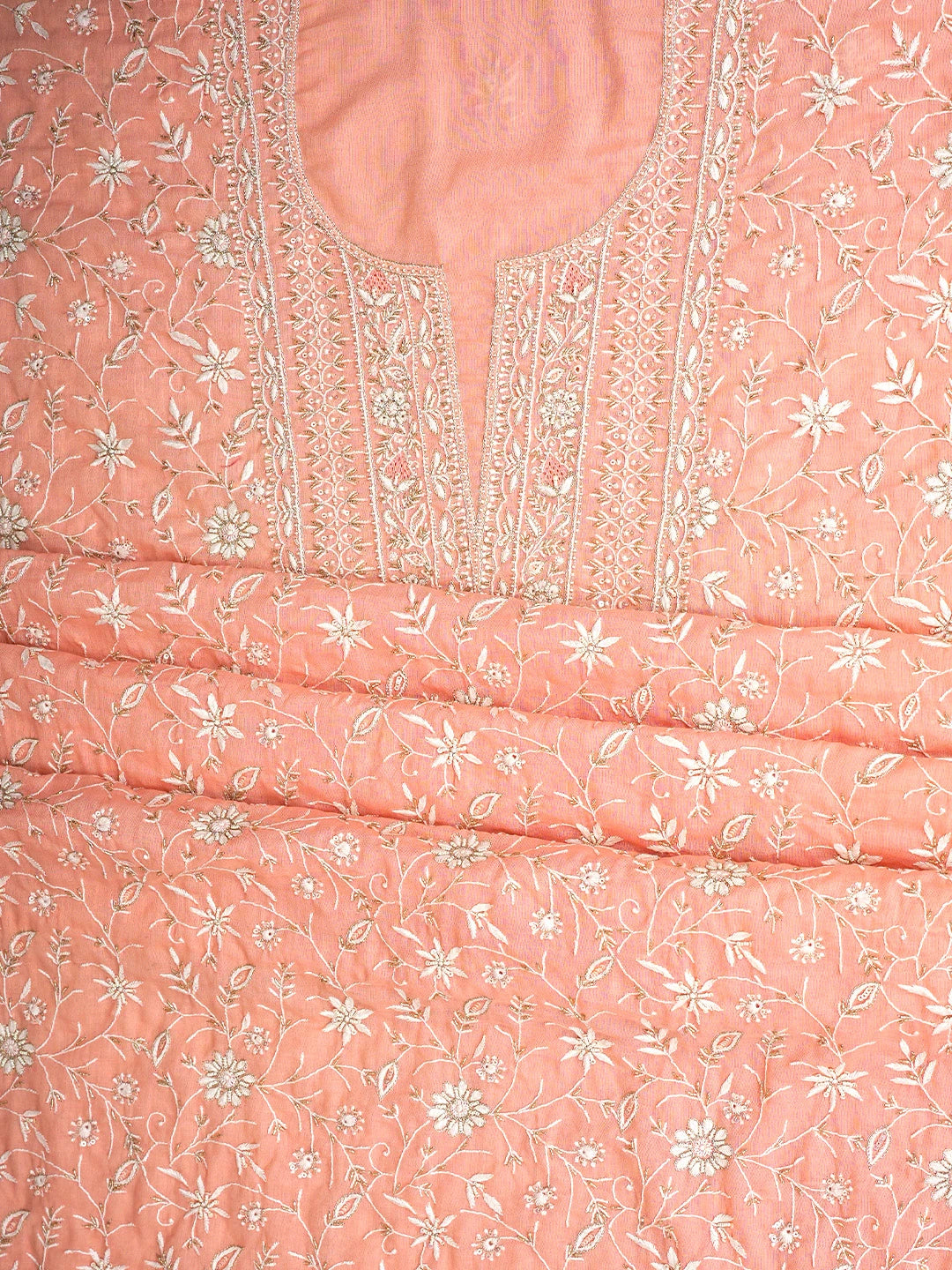 Ada Hand Embroidered Peach Cotton Lucknowi Chikankari Unstitched Kurta Dupatta Set With Cutdana Work 01A353264