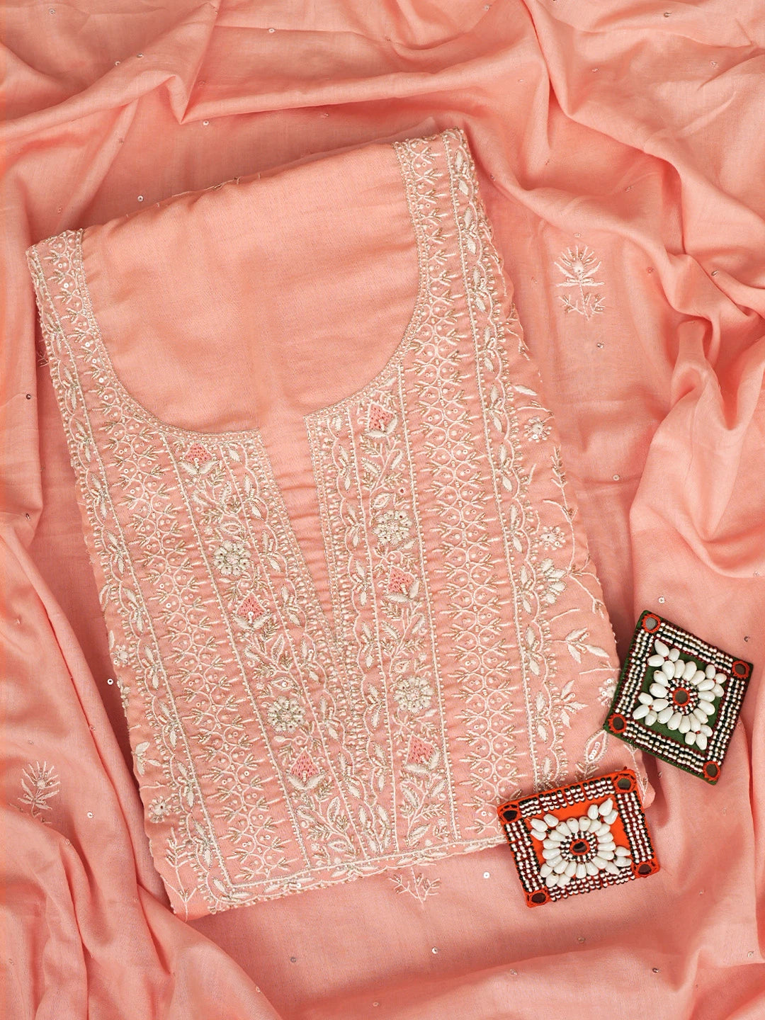 Ada Hand Embroidered Peach Cotton Lucknowi Chikankari Unstitched Kurta Dupatta Set With Cutdana Work 01A353264
