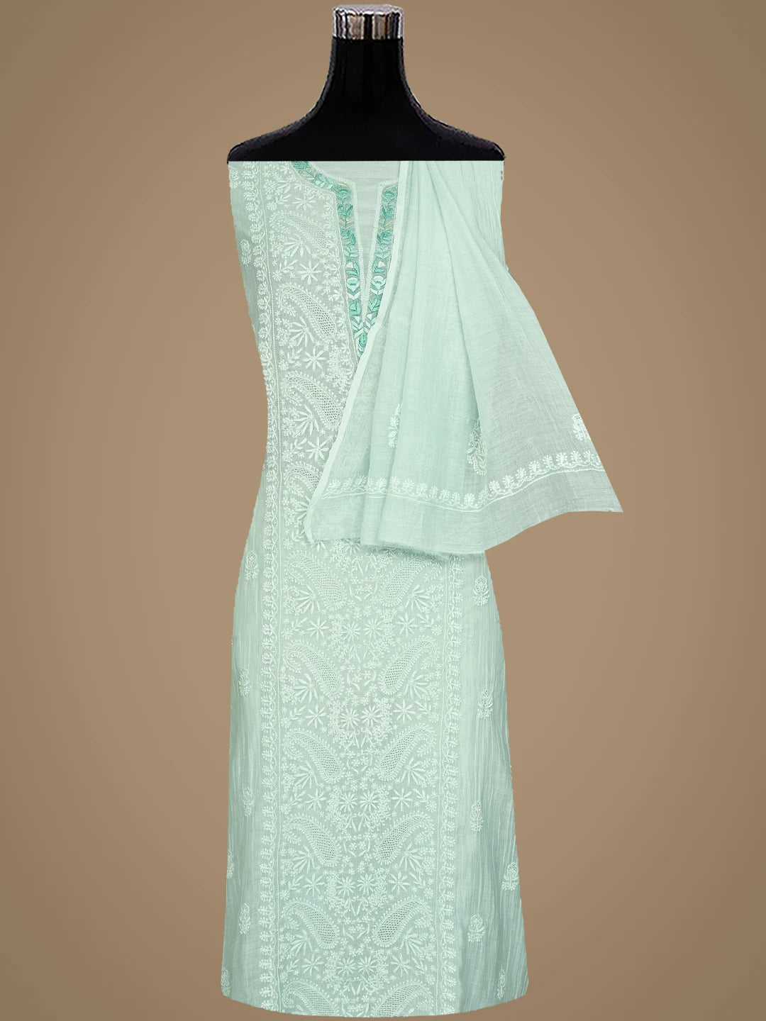 Ada Hand Embroidered Sea Green Chanderi Lucknowi Chikankari Semi-stitched Kurta Dupatta Set With Parsi Work 01A722459