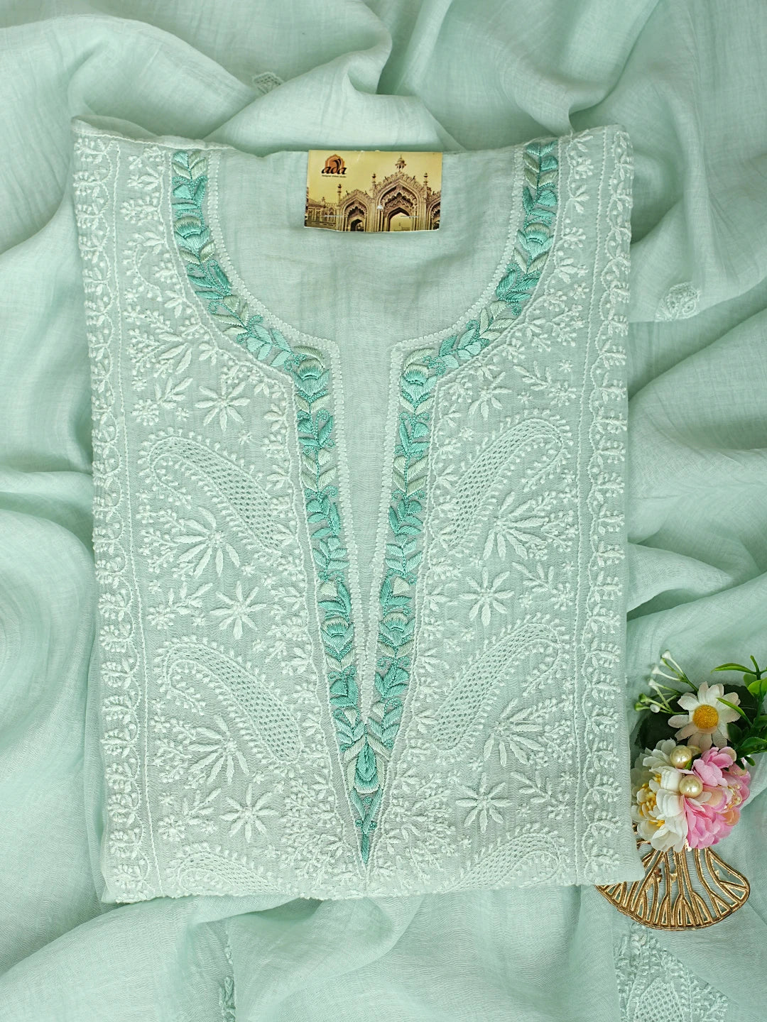 Ada Hand Embroidered Sea Green Chanderi Lucknowi Chikankari Semi-stitched Kurta Dupatta Set With Parsi Work 01A722459