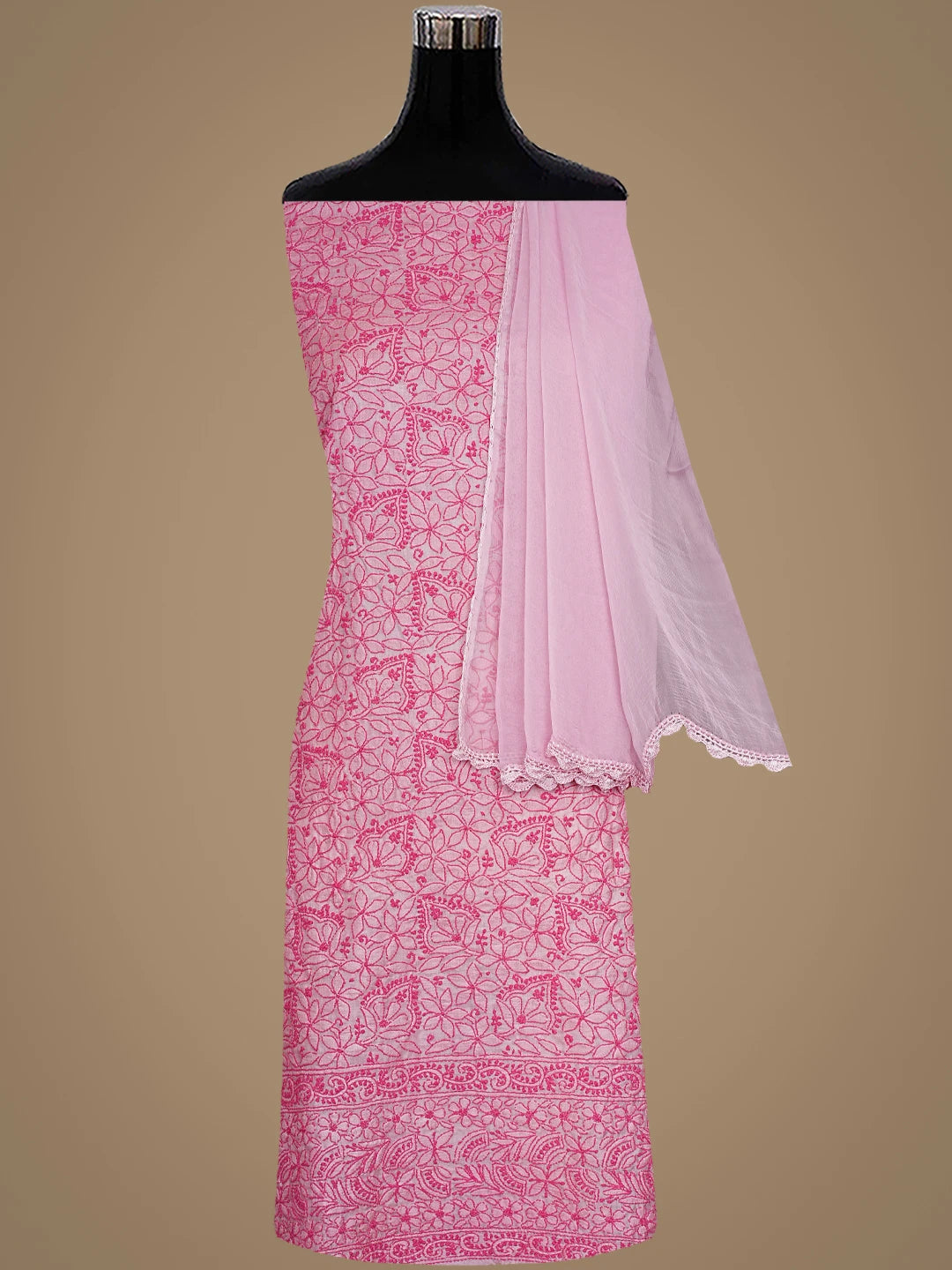 Ada Hand Embroidered Pink Tussar Silk Lucknowi Chikankari Unstitched Suit Piece With Chiffon Dupatta 01A903906