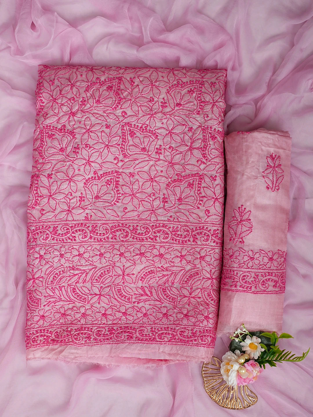Ada Hand Embroidered Pink Tussar Silk Lucknowi Chikankari Unstitched Suit Piece With Chiffon Dupatta 01A903906