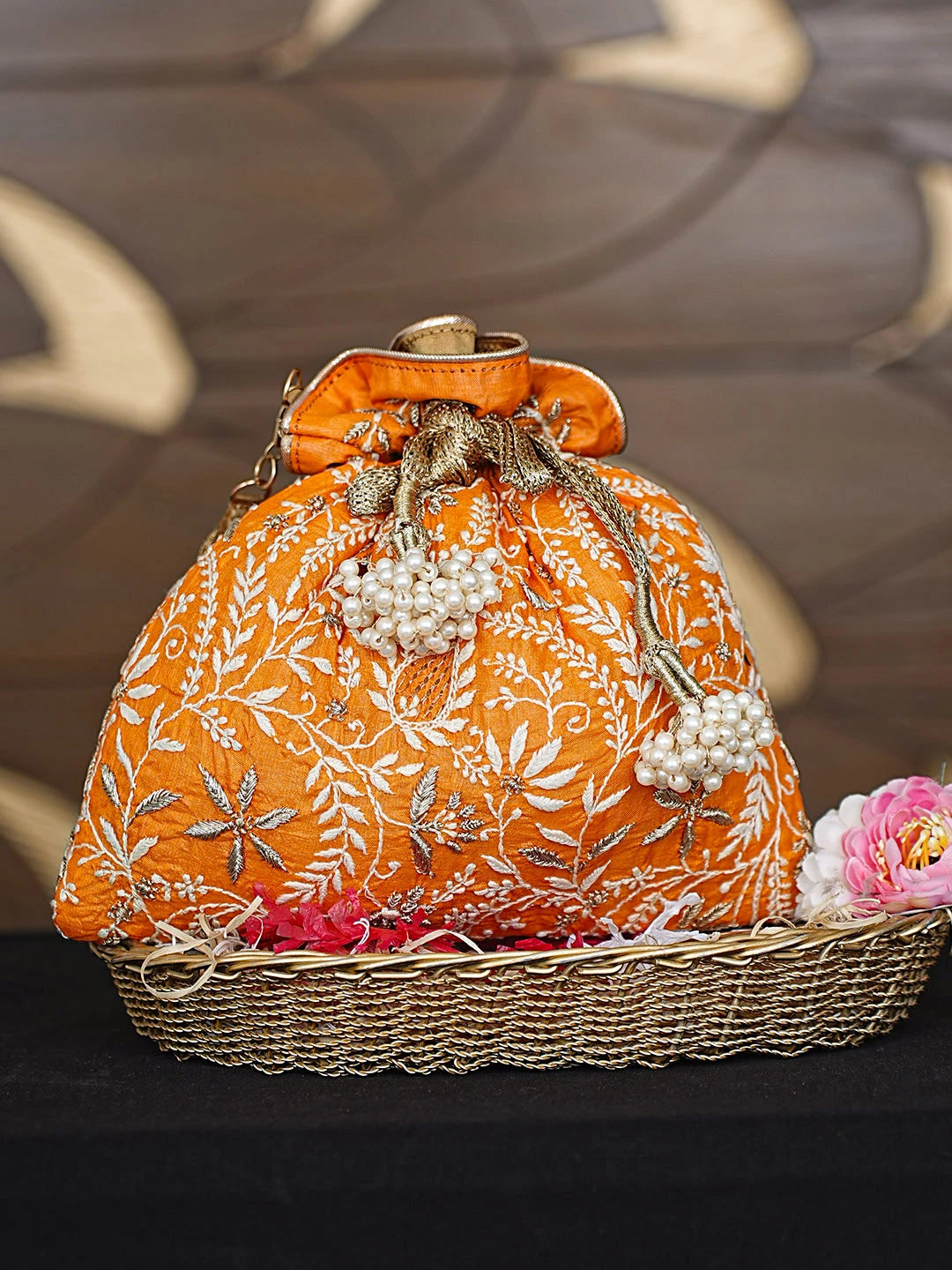 Ada Hand Embroidered Rust Orange Silk Lucknowi Chikankari Potli Bag With Zari Work 01A921463