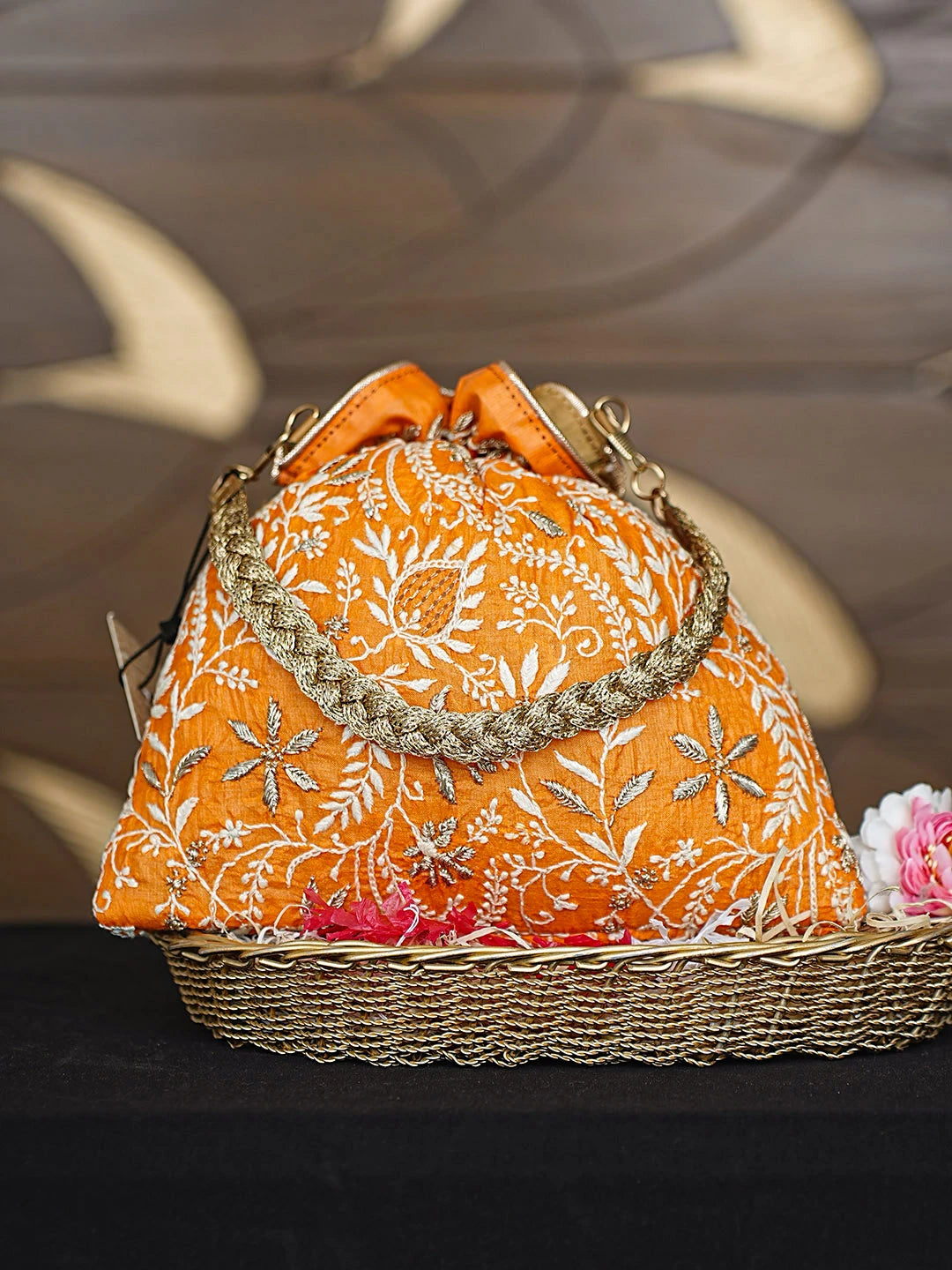 Ada Hand Embroidered Rust Orange Silk Lucknowi Chikankari Potli Bag With Zari Work 01A921463