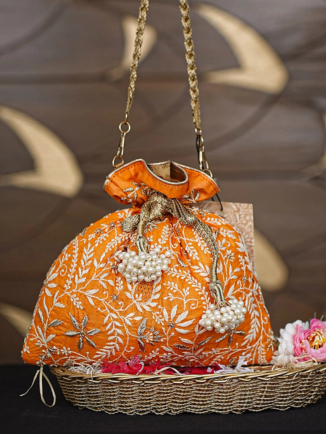 Ada Hand Embroidered Rust Orange Silk Lucknowi Chikankari Potli Bag With Zari Work 01A921463