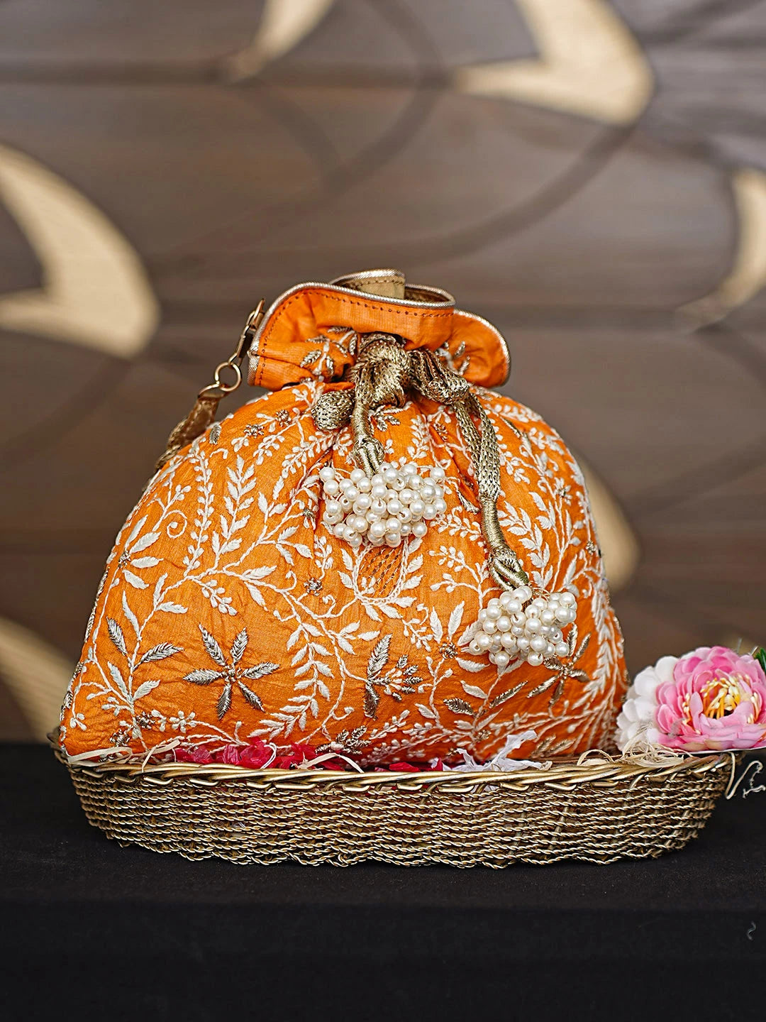 Ada Hand Embroidered Rust Orange Silk Lucknowi Chikankari Potli Bag With Zari Work 01A921463