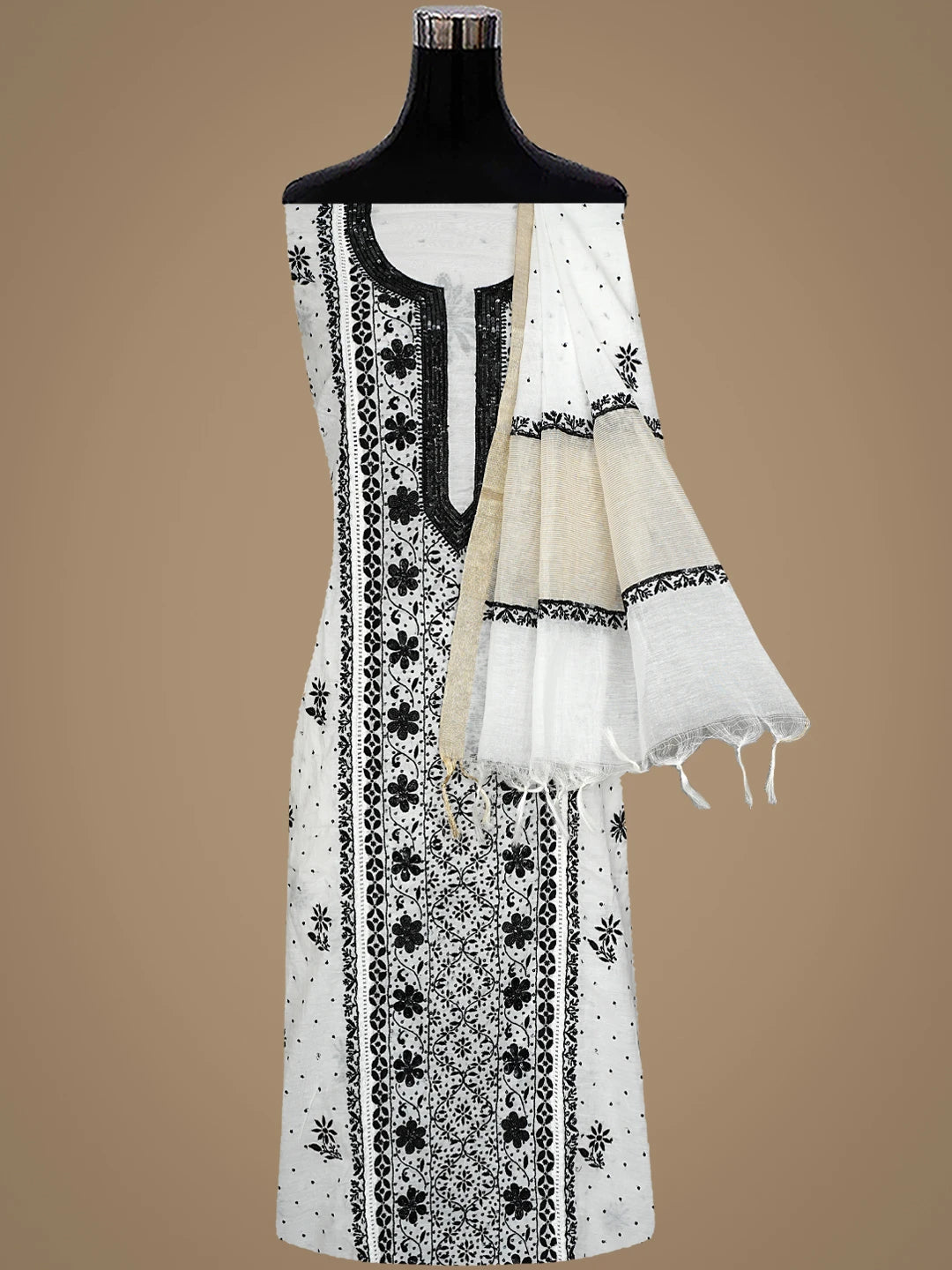Ada Hand Embroidered White Chanderi Lucknowi Chikankari Semi-stitched Kurta Dupatta Set With Sequinned 01A899368