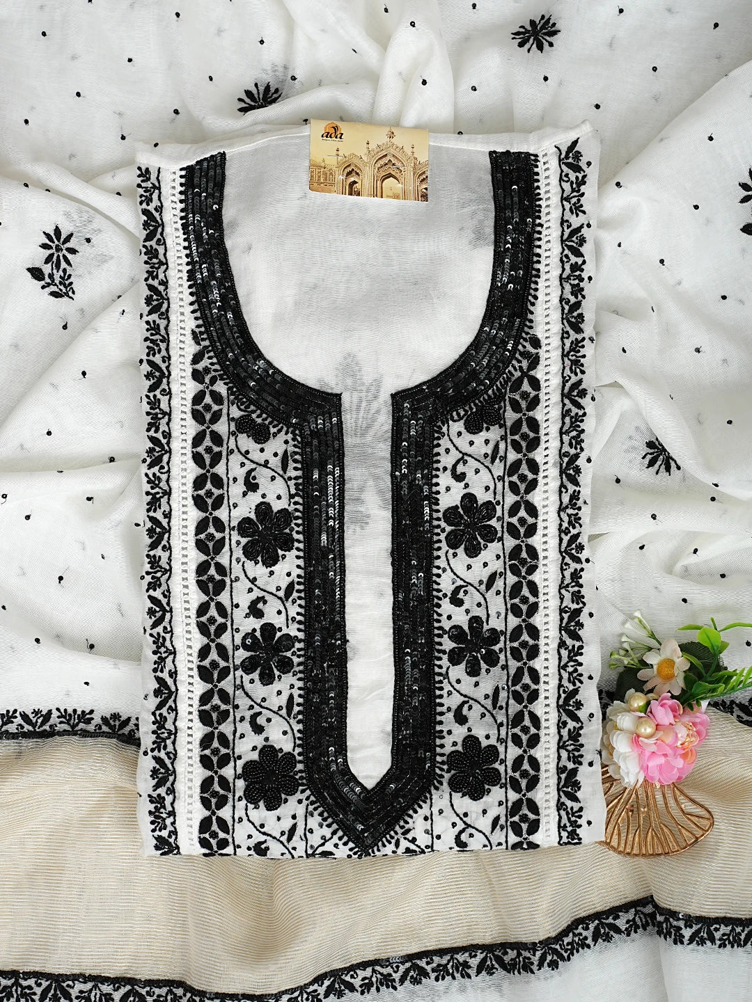 Ada Hand Embroidered White Chanderi Lucknowi Chikankari Semi-stitched Kurta Dupatta Set With Sequinned 01A899368