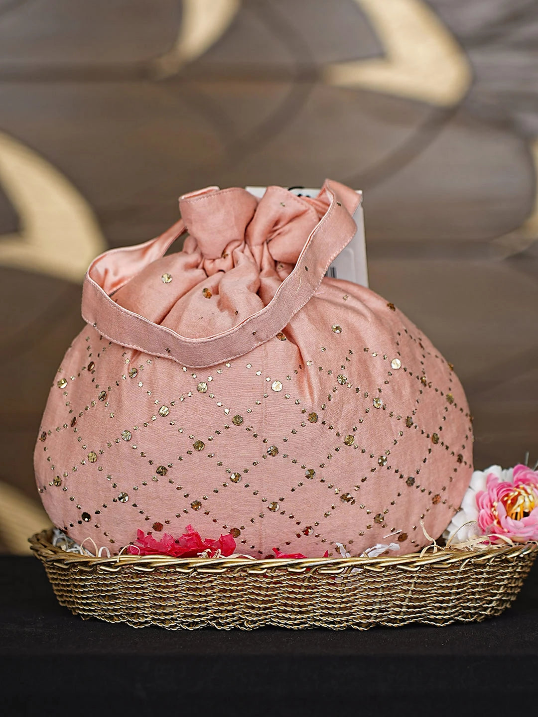 Ada Hand Embroidered Dusty Peach Chanderi Lucknowi Chikankari Potli Bag With Muqaish Work 01A921597