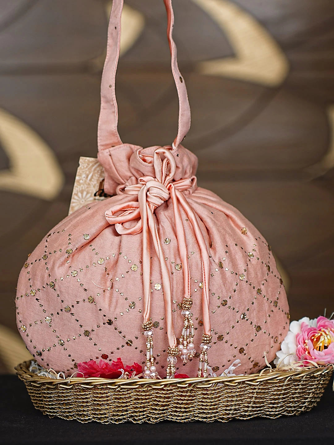Ada Hand Embroidered Dusty Peach Chanderi Lucknowi Chikankari Potli Bag With Muqaish Work 01A921597