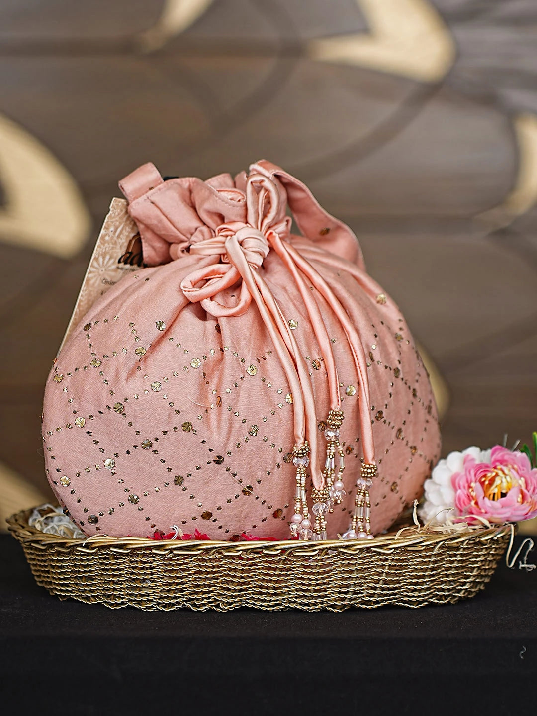 Ada Hand Embroidered Dusty Peach Chanderi Lucknowi Chikankari Potli Bag With Muqaish Work 01A921597