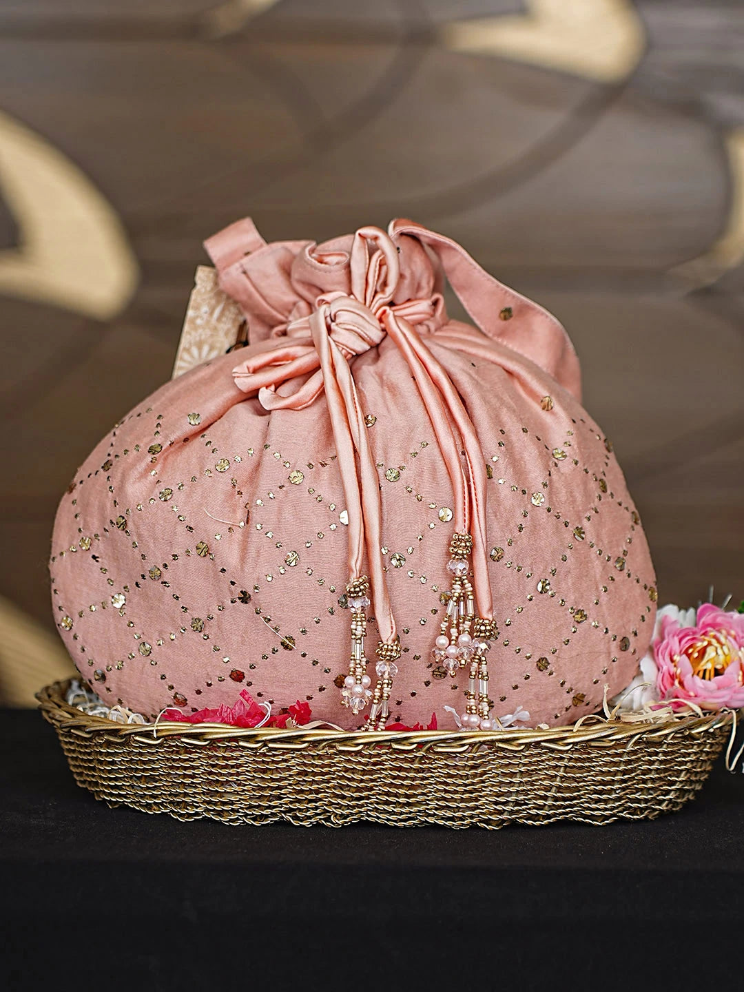 Ada Hand Embroidered Dusty Peach Chanderi Lucknowi Chikankari Potli Bag With Muqaish Work 01A921597