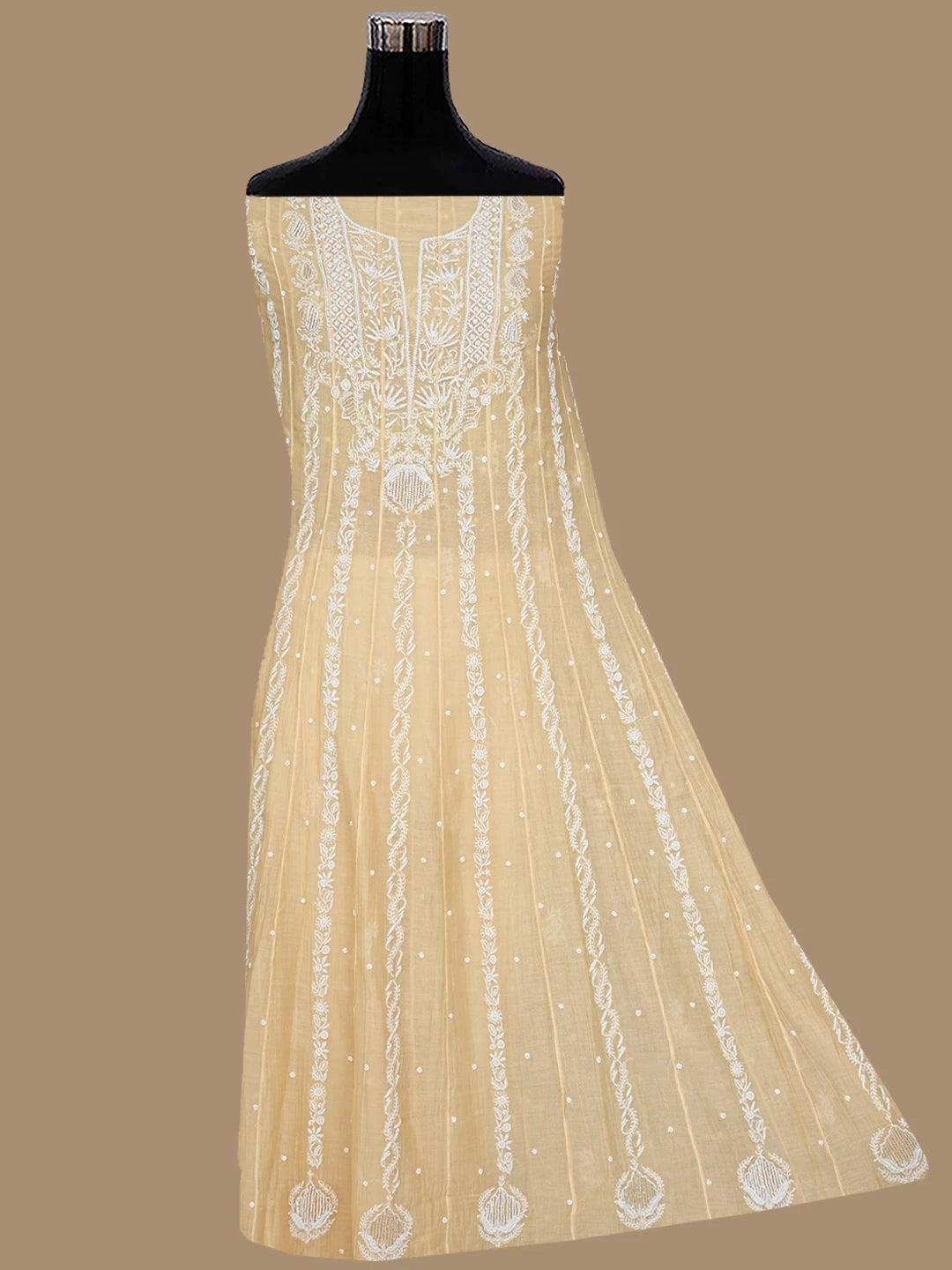 Ada Hand Embroidered Peach Chanderi Lucknowi Chikankari Semi-stitched Anarkali Kurta Dupatta Set With Pearl 01A778008