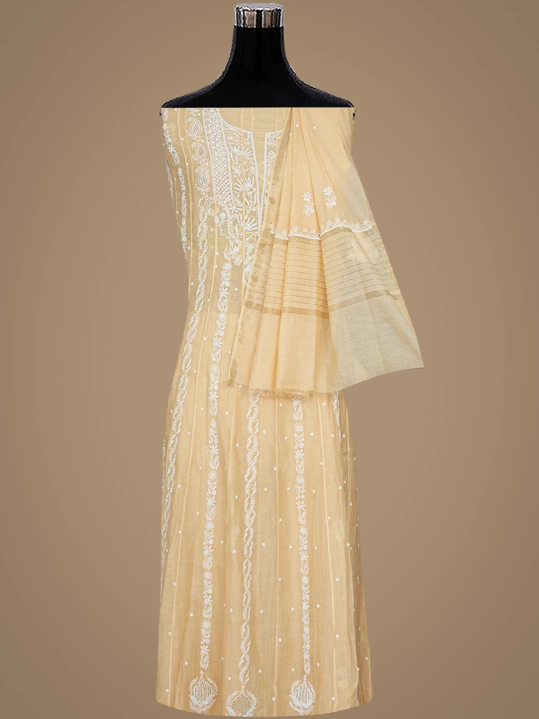 Ada Hand Embroidered Peach Chanderi Lucknowi Chikankari Semi-stitched Anarkali Kurta Dupatta Set With Pearl 01A778008